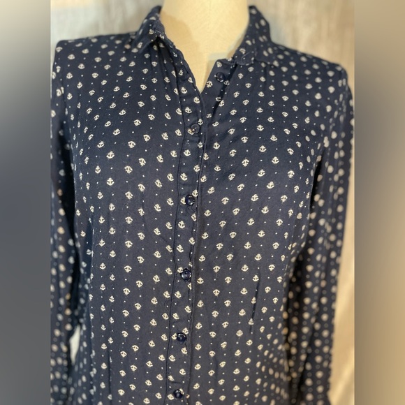 Midnight Sky rayon button down collared blouse- navy with white ship anchors - Picture 8 of 10